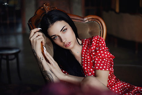 women, Dmitry Arhar, Alla Berger, polka dots, red dress, nose ring, tattoo, portrait, sitting, HD wallpaper HD wallpaper
