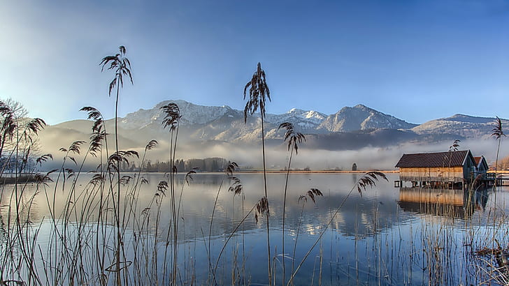 Lake Cane Reeds Wooden Fishing Houses Fog Evaporation Snowy Mountains Hd Desktop Wallpaper 2560×1440, HD wallpaper