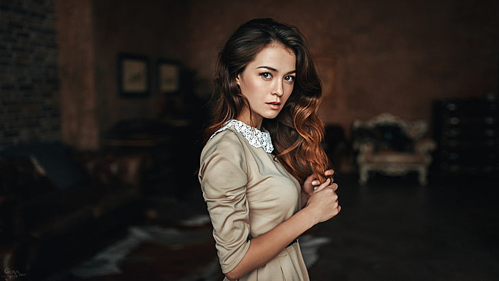 women's brown elbow-sleeved top, women, brunette, Georgy Chernyadyev, dress, long hair, Anastasia Zonova, HD wallpaper
