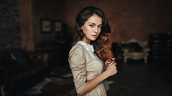 atas lengan coklat siku perempuan, wanita, berambut cokelat, Georgy Chernyadyev, gaun, rambut panjang, Anastasia Zonova, Wallpaper HD HD wallpaper