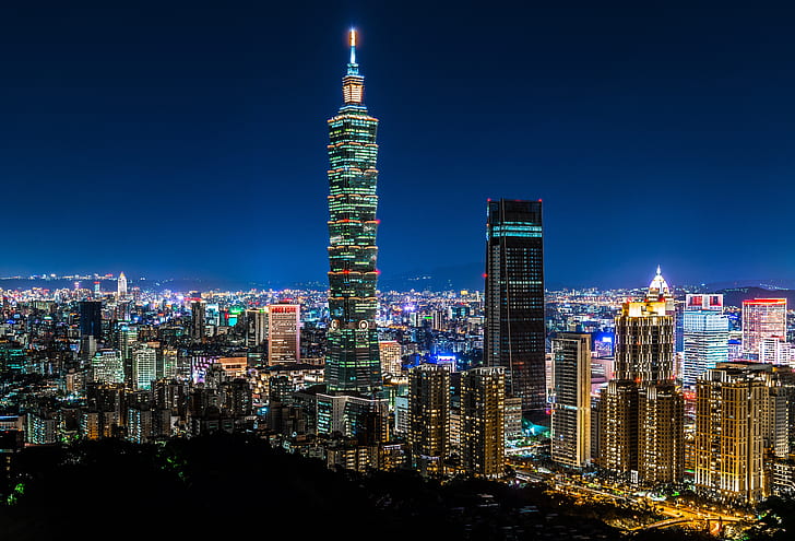 Ciudades, Taipei, Edificio, Ciudad, Noche, Rascacielos, Taipei 101, Taiwán, Fondo de pantalla HD