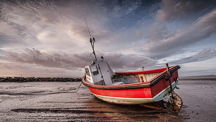 red and white speedboat, sea, boat, sky, vehicle, clouds, HD wallpaper
