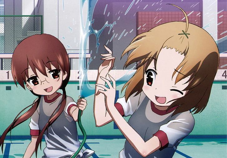 two anime girl characters, a channel the animation, girls, hose, water, fun, HD wallpaper