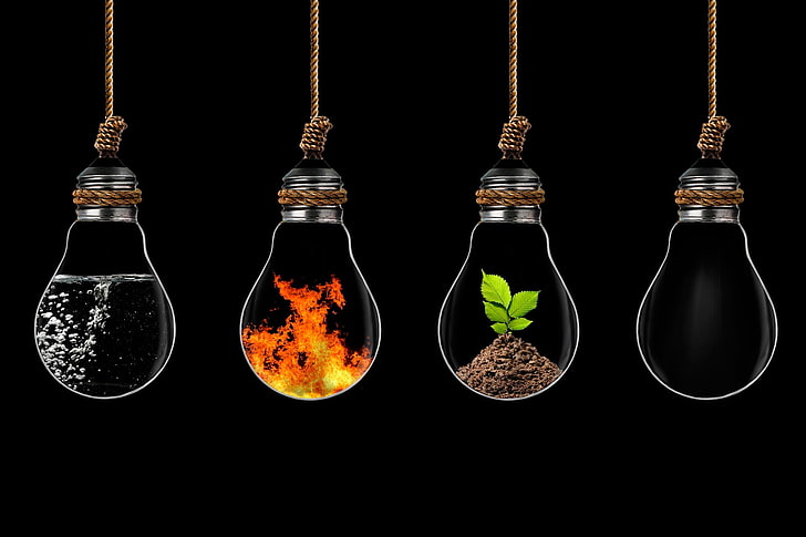 green leafed plant, digital art, light bulb, ropes, water, fire, plants, ground, black background, four elements, HD wallpaper