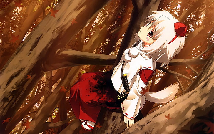 white haired female animated character illustration, anime, character, kimono, knife, wood, timber, tail, HD wallpaper
