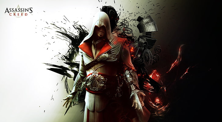Assassins Creed Ezio цифровые обои, аннотация, убийца, ассасин, фон, Эцио Аудиторе да Фиренце, символ веры убийц, братство крови, братство ассасинов, абстрактный фон, HD обои