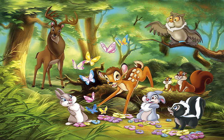 الأمير العظيم للغابة بامبي والأصدقاء البومة ضارب الأرنب السناجب الفراشات خلفيات سطح المكتب عالية الدقة 1920 × 1200، خلفية HD