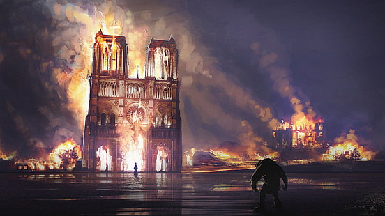 malam, api, Prancis, Paris, Katedral Notre Dame, Notre Dame de Paris, terbakar, Notre-Dame de Paris, Katedral Paris, Wallpaper HD HD wallpaper