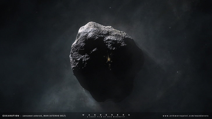 schwarzes Asteroiden-Tapeten, Raum, Galaxie, Mond, Planet, Natur, Landschaft, Wanderer, Raumkunst, digitale Kunst, HD-Hintergrundbild