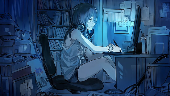 fille utilisant un personnage d'anime sur ordinateur, Anime, Casque d'écoute, fille, Original (Anime), Fond d'écran HD HD wallpaper