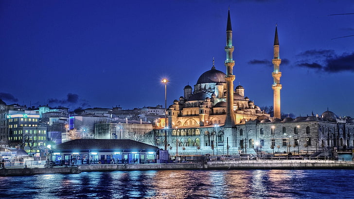 море, ночь, огни, дома, Стамбул, Турция, минарет, Новая мечеть, HD обои