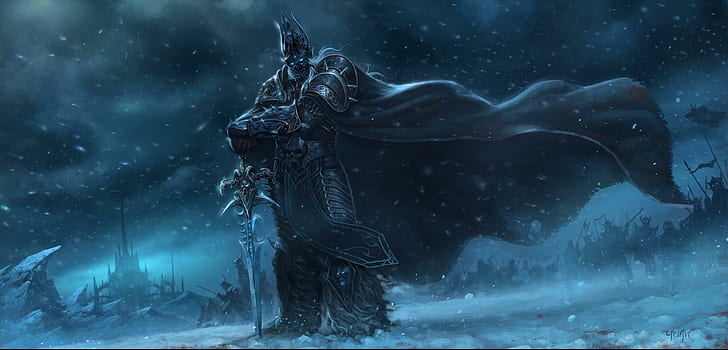варкрафт, вау, мир варкрафта, король-лич, воин, меч, снег, иллюстрация игрового персонажа рыцарь, варкрафт, мир варкрафта, король-лич, воин, меч, снег, HD обои