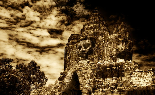 O rei de Buda de Angkor Wat, Camboja, arruinar o templo, Vintage, Cidade, Sépia, Templo, antiga, Buda, Camboja, Angkor Wat, HD papel de parede HD wallpaper
