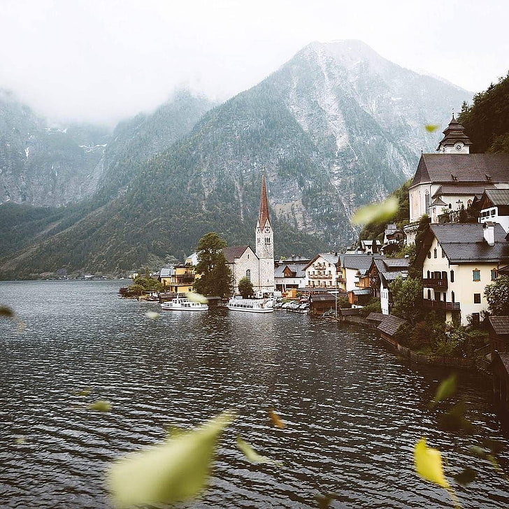 Hallstatt, village, house, church, leaves, ship, lake, mountains, clouds, trees, HD wallpaper