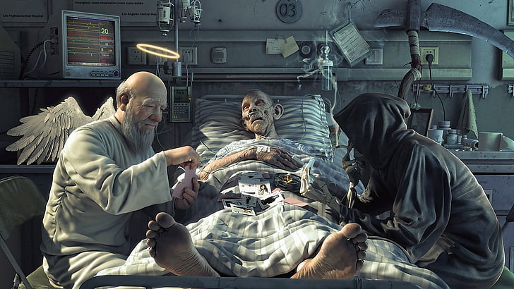 man lying in hospital bed between angel and grim reaper wallpaper, hospital patient between angel and reaper playing cards illustration, angel, death, life, hospital, fantasy art, cards, Grim Reaper, HD wallpaper
