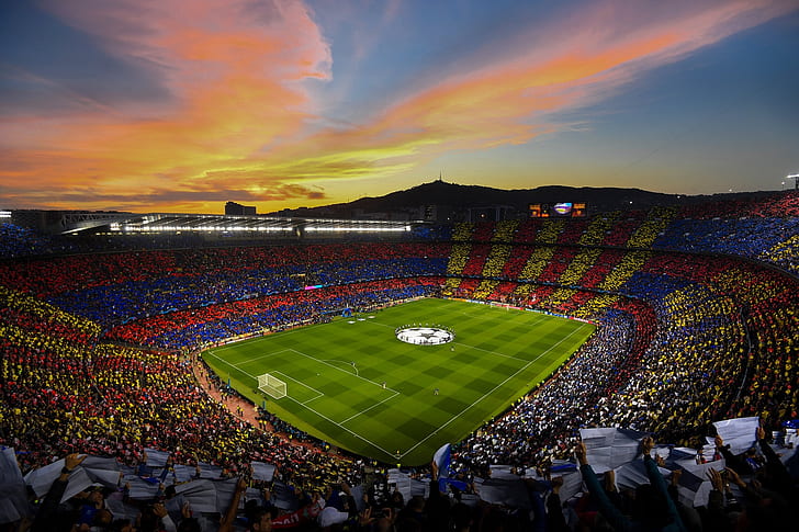 FC Barcelona, ​​Spanyol, stadion, Camp Nou, sepak bola, Lapangan Sepak Bola, klub sepak bola, Liga Champions, matahari terbenam, Wallpaper HD