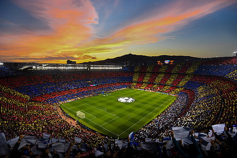 FC Barcelona, ​​Spanyol, stadion, Camp Nou, sepak bola, Lapangan Sepak Bola, klub sepak bola, Liga Champions, matahari terbenam, Wallpaper HD HD wallpaper