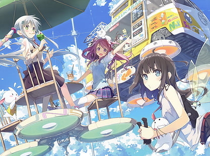 anime girls, drinks, friends, flying, wings, moe, Anime, HD wallpaper HD wallpaper