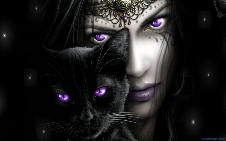 black, cat, dark, face, girl, purple, woman, HD wallpaper