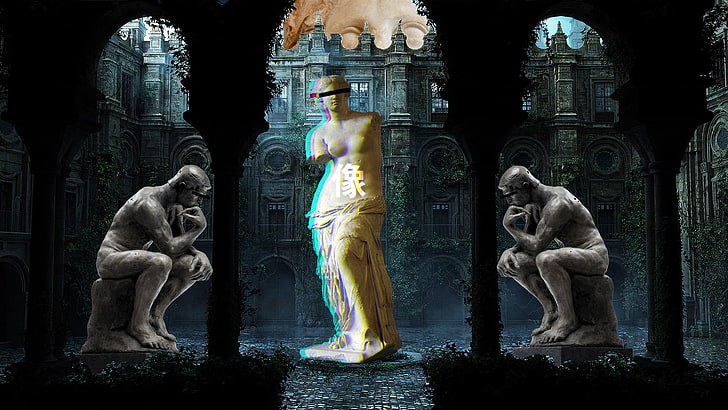 неон, Мислителят, статуя, вътрешен двор, Европа, парна вълна, бъг изкуство, HD тапет