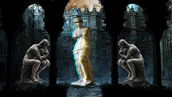 neon, The Thinker, statue, courtyard, Europe, vaporwave, glitch art, HD wallpaper HD wallpaper