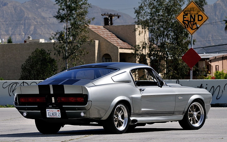 Coupe gris y negro, fondo, signo, Mustang, Ford, GT500, Eleanor, vista trasera, Muscle car, Fondo de pantalla HD