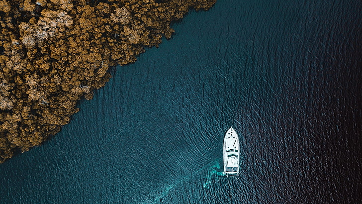 aerial, sea, boat, vehicle, water, trees, drone photo, top view, aerial view, forest, HD wallpaper