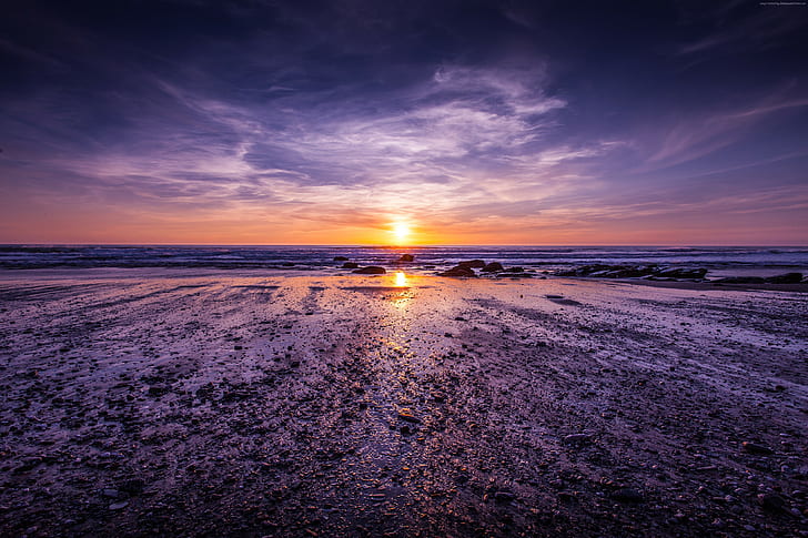 Inglaterra, 5k, 4k, Cornwall, puesta de sol, orilla, nubes, océano Atlántico, Fondo de pantalla HD