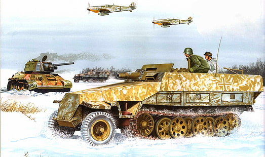 brown panzer tank, snow, figure, aircraft, tank, the Germans, the Wehrmacht, APC, Don Greer, Sd.Car. 251/9 Stummel, HD wallpaper HD wallpaper