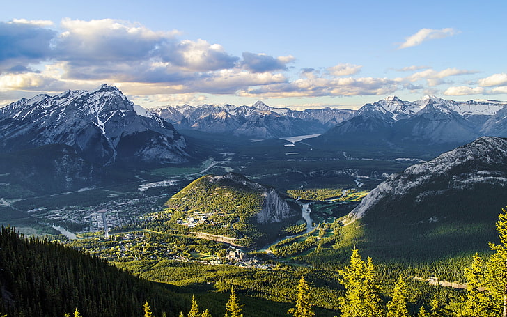 nature, paysage, montagnes, vallée, forêt, ville, coucher de soleil, nuages, parc national Banff, Canada, rivière, pic enneigé, Fond d'écran HD