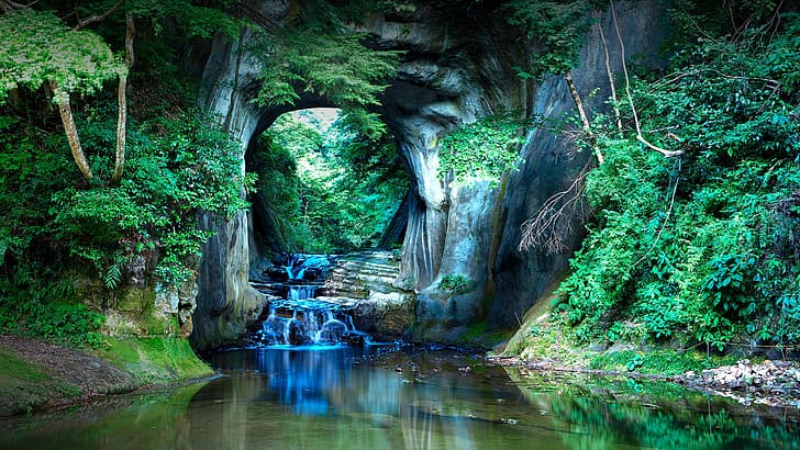 nature, landscape, cave, river, water, trees, rocks, plants, forest, Japan, Kameiwa Cave, HD wallpaper