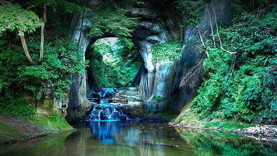 przyroda, krajobraz, jaskinia, rzeka, woda, drzewa, skały, rośliny, las, Japonia, Jaskinia Kameiwa, Tapety HD HD wallpaper