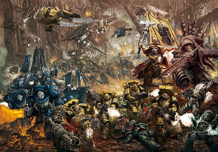 Warhammer, Warhammer 40,000, Warhammer 30,000, power armor, space marines, science fiction, gun, bolter, Ultramarines, Imperial Fists, Chaos Space Marine, deamons, HD wallpaper