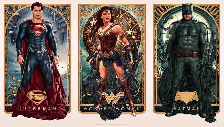 Batman v Superman: Dawn of Justice, artwork, Batman, Superman, Wonder Woman, Henry Cavill, Ben Affleck, Gal Gadot, HD wallpaper