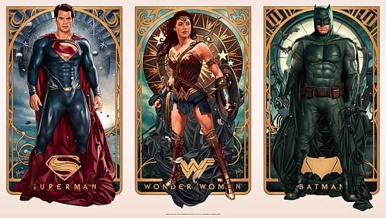 Batman v Superman: Świt sprawiedliwości, grafika, Batman, Superman, Wonder Woman, Henry Cavill, Ben Affleck, Gal Gadot, Tapety HD HD wallpaper