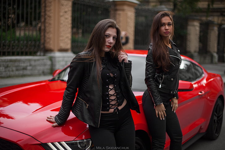 women, women with cars, depth of field, pants, leather jackets, red lipstick, women outdoors, car, two women, Ford Mustang, HD wallpaper