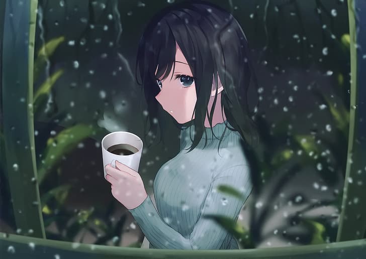 Anime girls, coffee, sweater, rain, HD wallpaper | Wallpaperbetter