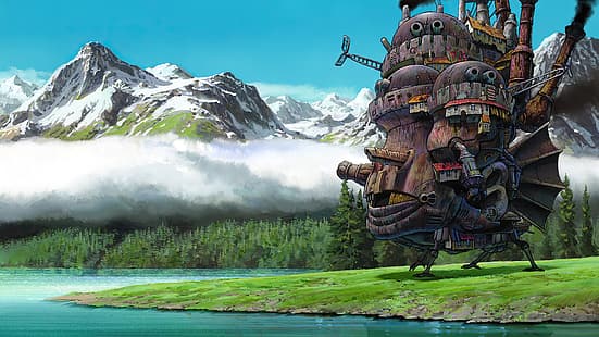 Подвижният замък на Хаул, анимационни филми, аниме, анимация, кадри от филми, Studio Ghibli, Хаяо Миядзаки, планини, небе, облаци, вода, дървета, гора, HD тапет HD wallpaper