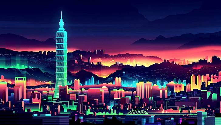 pejzaż miejski malowanie wieżowców, grafika ilustracji miasta 3D, grafika, miasto, kolorowe, Tajpej, Tajwan, świecące, neon, Tapety HD
