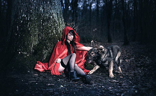 cape, dog, fantasy art, women, model, fishnet stockings, Little Red Riding Hood, HD wallpaper HD wallpaper