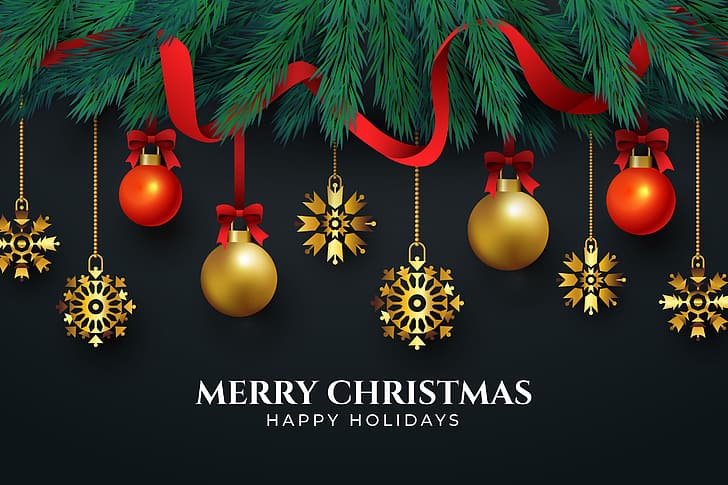 decoration, gold, Christmas, New year, golden, black background, happy, balls, background, luxury, Golden balls, sparkling, HD wallpaper