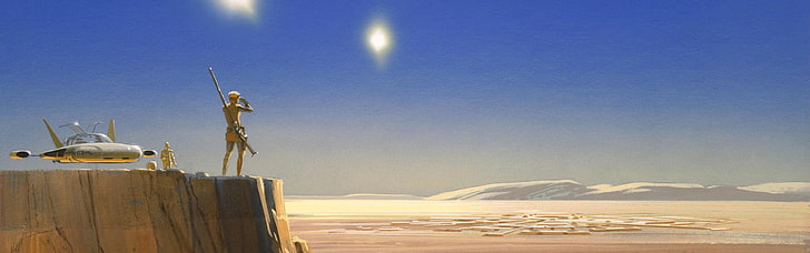 homem de pé na ilustração do penhasco, Tatooine, deserto, trabalho artístico, monitores duplos, exibição múltipla, arte conceitual, Guerra nas Estrelas, Ralph McQuarrie, HD papel de parede