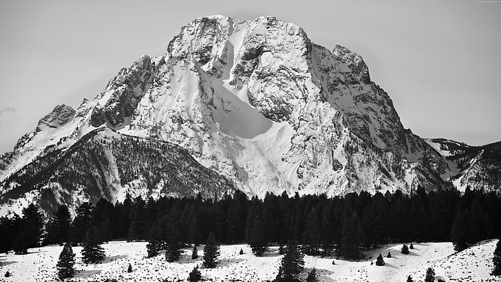 monochrome, nature, mountains, Wyoming, USA, Grand Teton National Park, mount moran, HD wallpaper