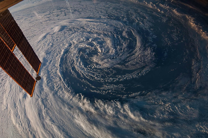 Международная космическая станция, вид с воздуха, НАСА, шторм, облака, космос, ураган, Земля, HD обои
