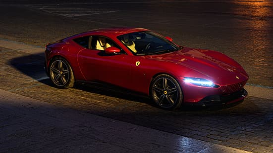 Ferrari Roma, vehículo, automóvil, supercoches, noche, calle, Fondo de pantalla HD HD wallpaper