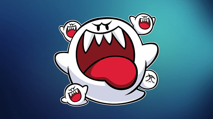 illustration de fantôme blanc, Boo (Mario), Nintendo, dégradé, fantômes, bleu, vector art, Fond d'écran HD