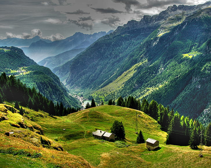 white wooden house in green field under gray clouds during daytime, deep valley, house, green field, gray, clouds, daytime, HDR, alps, alpi, italia, italy, lombardia, mountains, top, f25, Explore, Flickr, valchiavenna, mountain, nature, landscape, outdoors, hill, europe, european Alps, meadow, summer, scenics, grass, green Color, sky, HD wallpaper