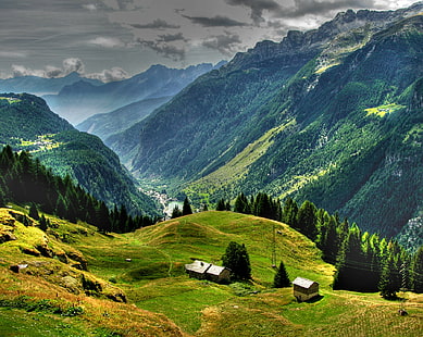 white wooden house in green field under gray clouds during daytime, deep valley, house, green field, gray, clouds, daytime, HDR, alps, alpi, italia, italy, lombardia, mountains, top, f25, Explore, Flickr, valchiavenna, mountain, nature, landscape, outdoors, hill, europe, european Alps, meadow, summer, scenics, grass, green Color, sky, HD wallpaper HD wallpaper