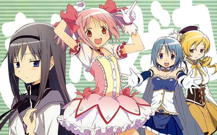four female anime wallpaper, girls, joy, delight, sadness, dress, HD wallpaper
