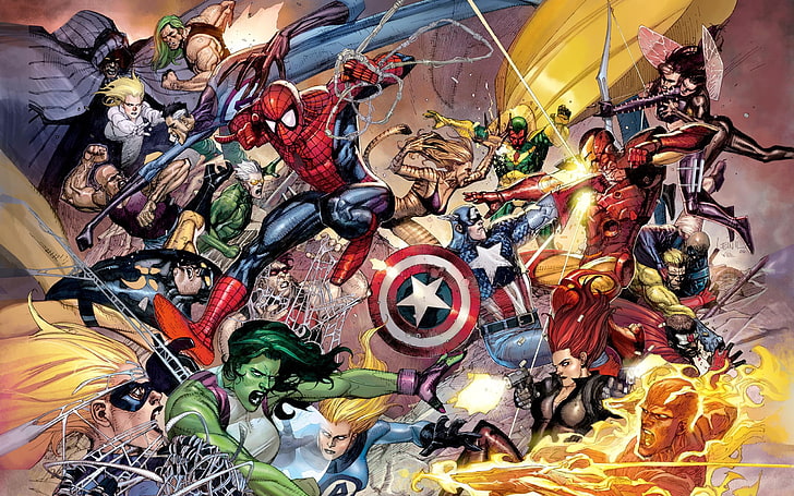 Captain America, Fantastic Four, Human Torch, Iron man, Janet Van Dyne, Marvel Comics, Mr. Fantastic, Ms. Marvel, She Hulk, Spider-Man, The Vision, Sfondo HD